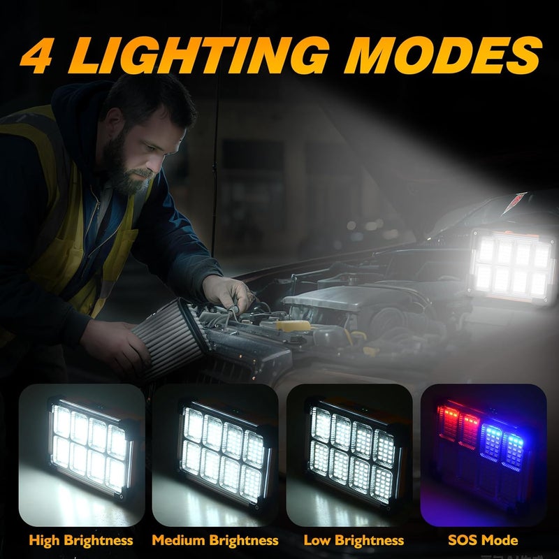 DANCINGBOAR 2 Pack 120W Solar Rechargeable Work Light, 144 LED 10000LM Led Work Light with 4 Modes, Portable Flood Light with Stand, IP66 Waterproof Outdoor Working Light for Emergency Mechanic Camping Repair - Image 4